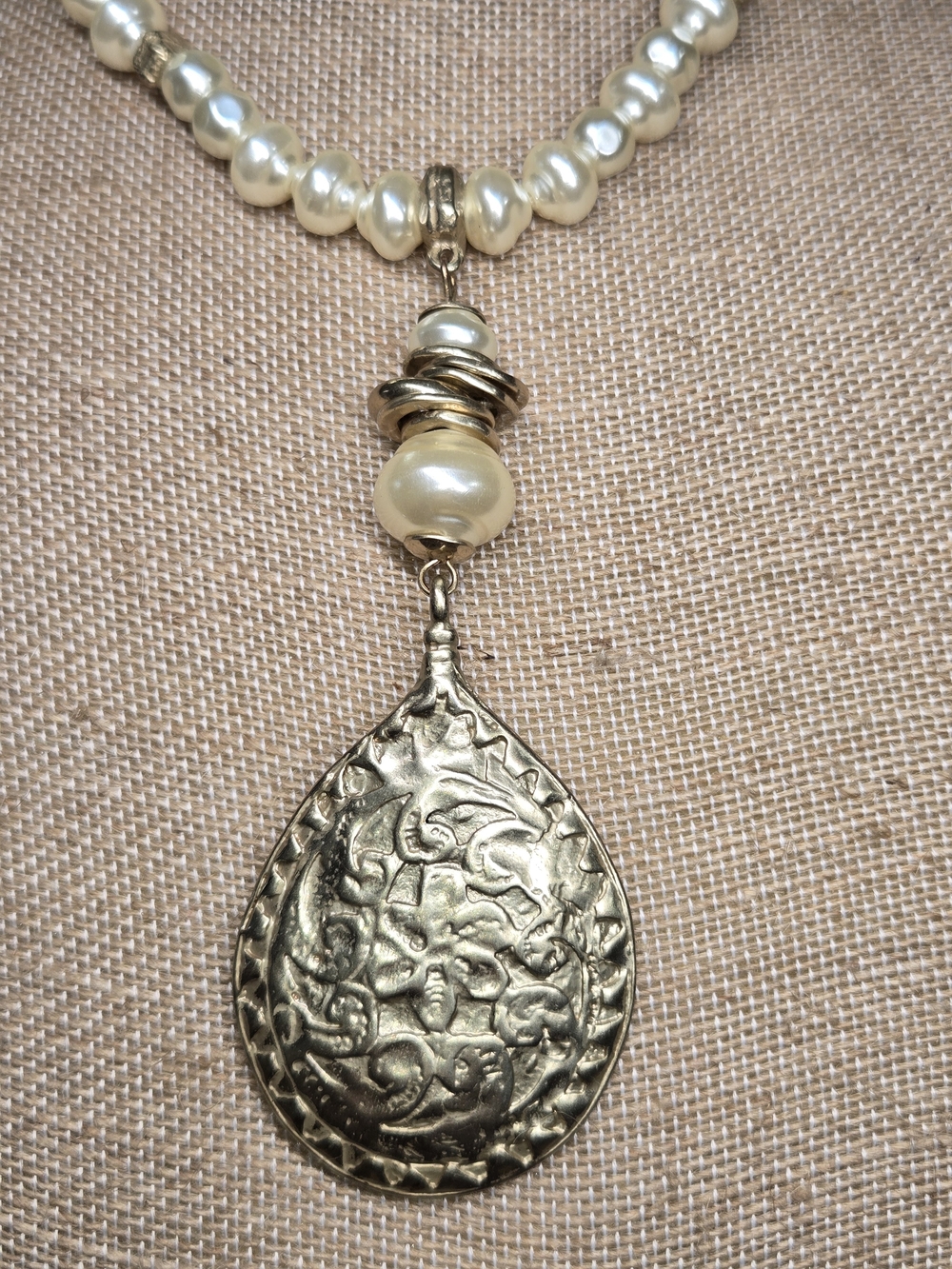 Chico's Faux Pearl Necklace with Gold-Tone Textred Teardrop Pendant
